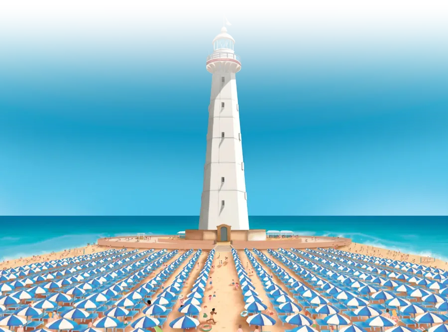Illustrazione di un faro su una spiaggia con ombrelloni